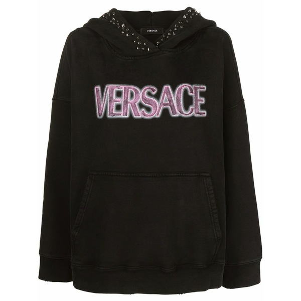 ヴェルサーチ レディース パーカー・スウェットシャツ アウター Logo-print studded hoodie Black