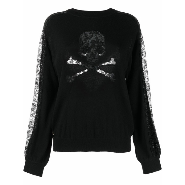 フィリップ飾り気の無い レディース 編み物\u0026スウェーター アウター Lace-panelling skull-print sweatshirt Black