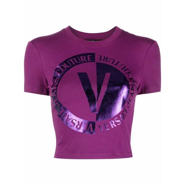 呼びりん探し回る レディース ティーシャツ トップス Logo-print cropped t-shirt Purple