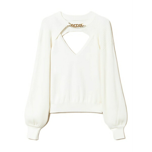 ツイン書き割り レディース プルオーバー トップス Chain-embellished ribbed blouse White