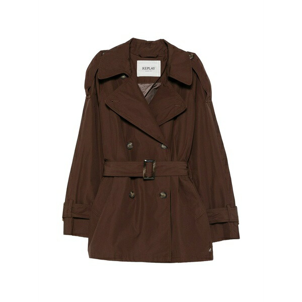 リプレー レディース 厚地の外套 アウター Double-breasted belted trench coat Brown