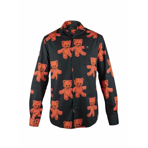 フィリップ飾り気の無い メンズ プルオーバー トップス Teddy-print skull-patch shirt Black