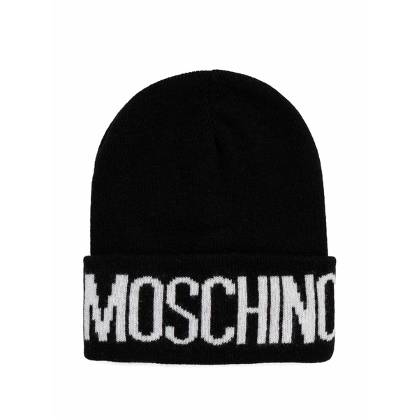 モスキーノ レディース 鳥打ち帽 付属物 Logo-intarsia turn-up beanie hat Black
