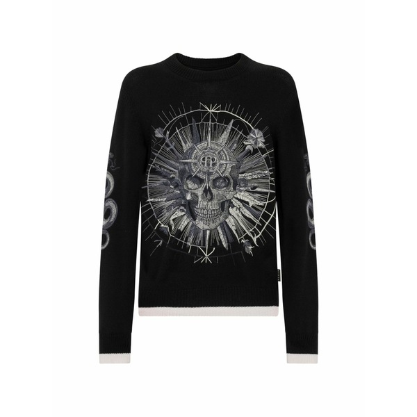 フィリップ飾り気の無い メンズ 編み物\u0026スウェーター アウター Skull-motif crew-neck sweater Black