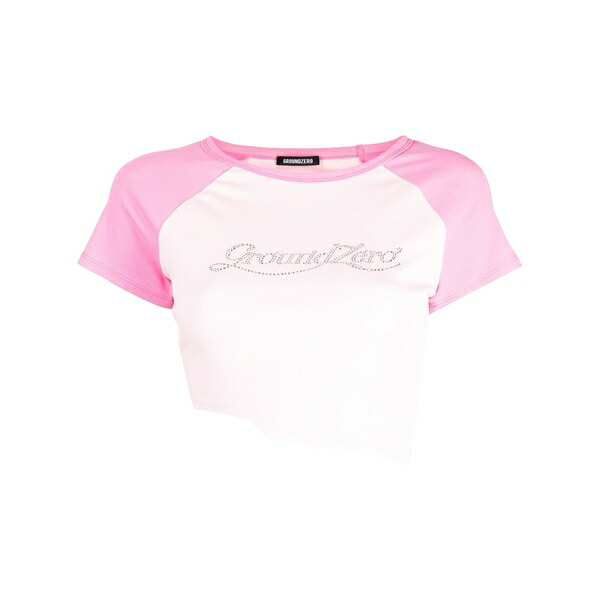 地べた 皆無 レディース プルオーバー トップス Logo-appliqu￡ raw-cut t-shirt Pink