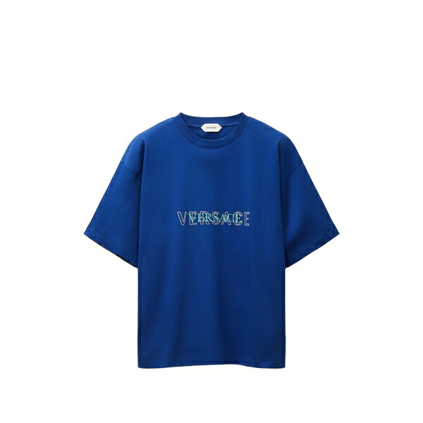 ヴェルサーチ メンズ ティーシャツ トップス Embroidered-logo cotton-jersey regular t-shirt Blue