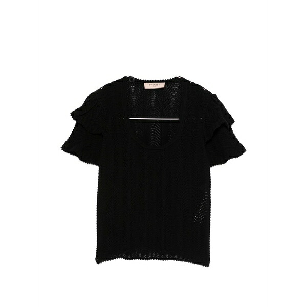 ツイン仕掛ける レディース プルオーバー トップス Ruffled-trim t-shirt Black