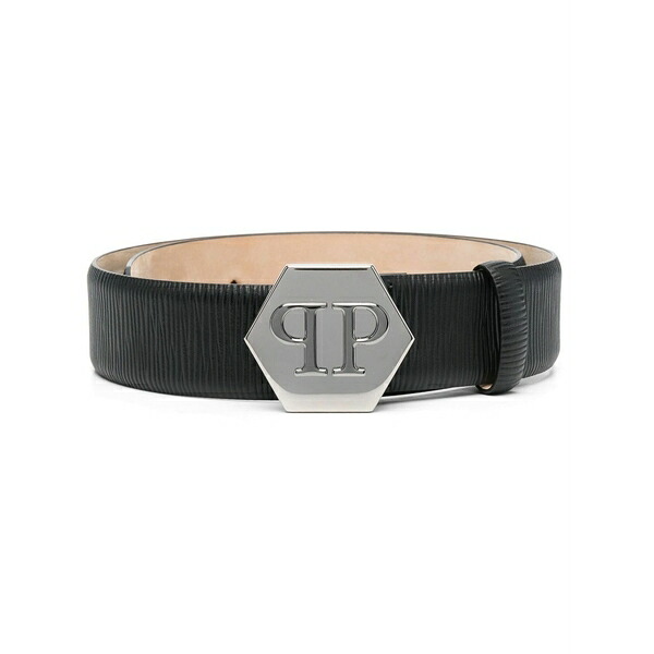 フィリップ飾り気の無い レディース 三尺帯 添え物 Logo-buckle leather belt Black