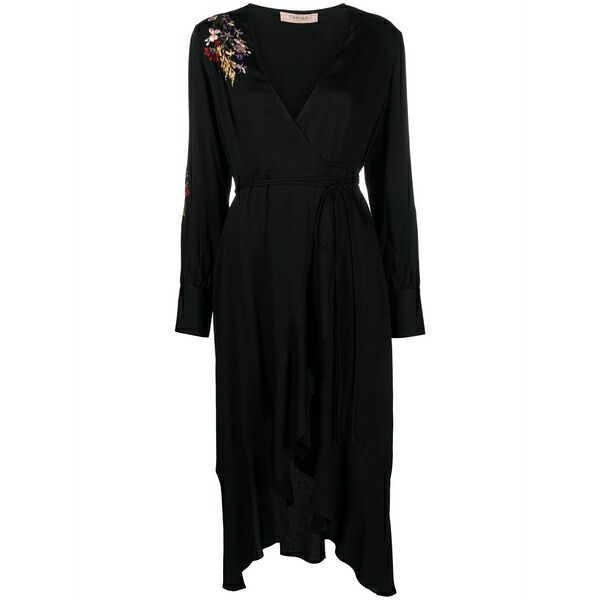 ツインセット レディース ワンピース トップス Floral-embroidered crepe wrap dress Black｜asty