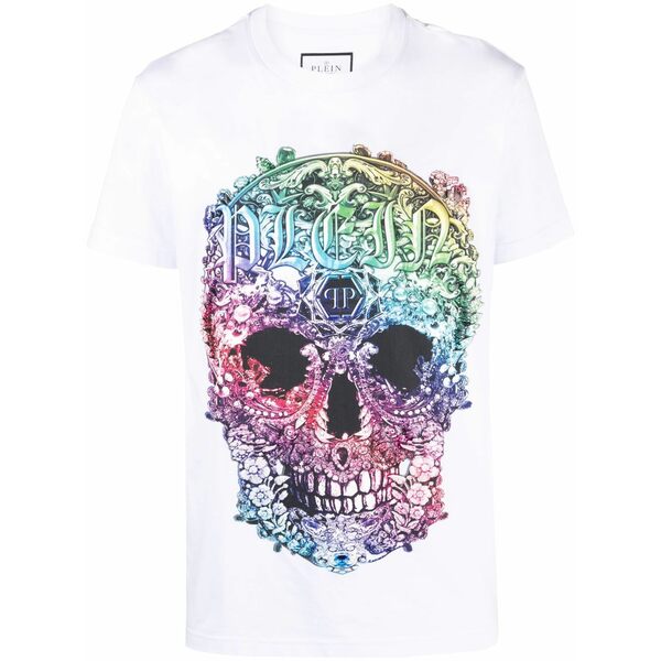 フィリッププレイン メンズ Tシャツ トップス Baroque skull short-sleeve t-shirt White｜asty