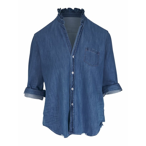 フランク & アイリーン レディース シャツ トップス Ruffled denim shirt Blue|asty