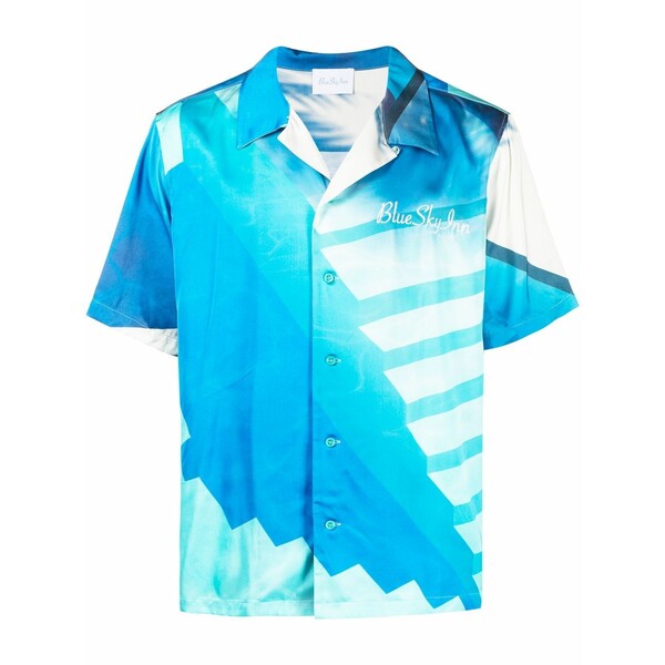 青味 天の原 はたご屋 メンズ プルオーバー トップス Abstract-print short-sleeved shirt  Blue