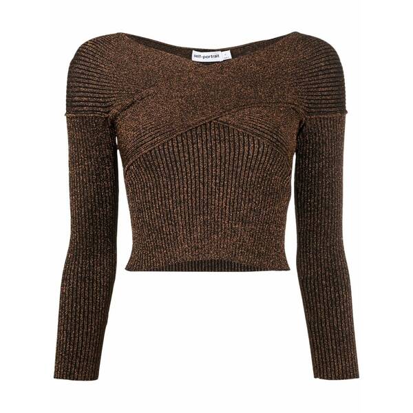 セルフ・ポートレイト レディース Tシャツ トップス Off-shoulder metallic knitted top Brown｜asty