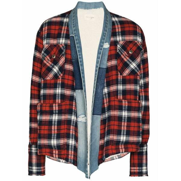 グレッグローレン メンズ ジレー アウター Plaid flannel and denim cardigan Blue