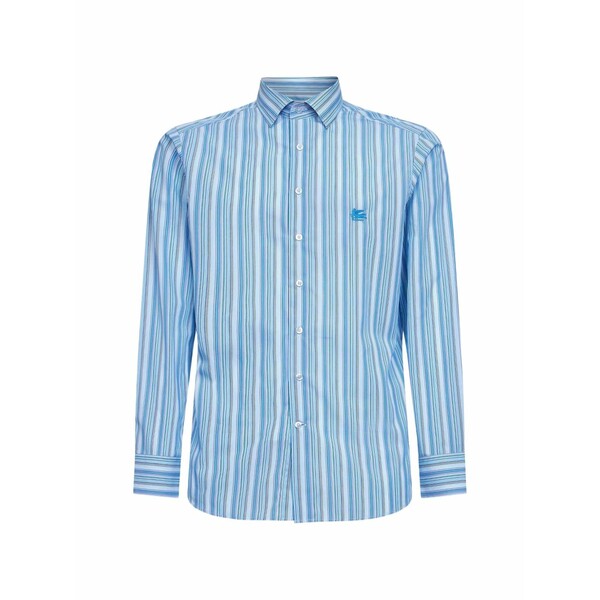 エトロ メンズ プルオーバー トップス Striped-pattern logo-embroidered shirt Blue