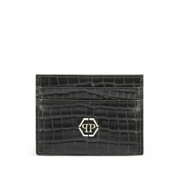 フィリップ飾り気の無い メンズ 紙入れ 付属品 Logo-plaque leather card holder Black