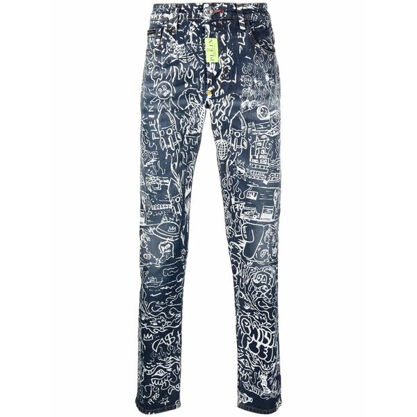 フィリッププレイン メンズ デニムパンツ ボトムス All-over graphic-print jeans Blue｜asty