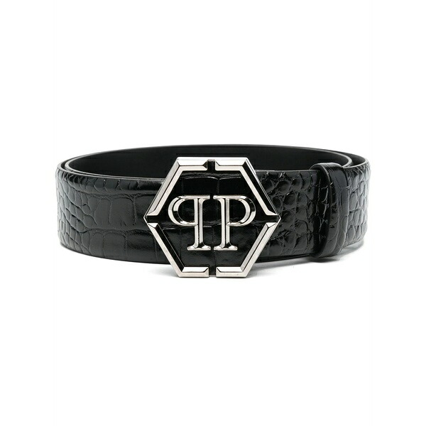 フィリップ飾り気の無い メンズ 三尺帯 添え物 Hexagon logo-buckle leather belt  Black