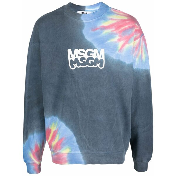 エムエスジイエム メンズ パーカー・スウェットシャツ アウター Logo-print tie-dye sweatshirt Blue｜asty