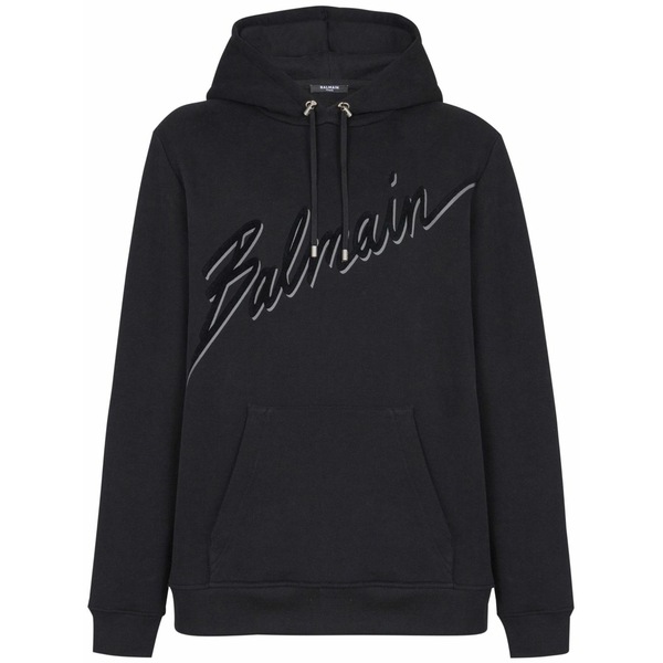 バルマン メンズ パーカー・スウェットシャツ アウター Flocked-logo hoodie Black｜asty
