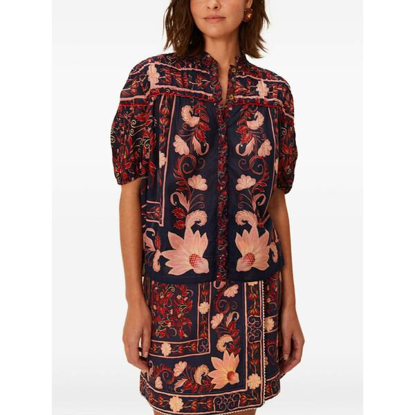 農園 リオ レディース ティーシャツ トップス Floral buttoned top Blue