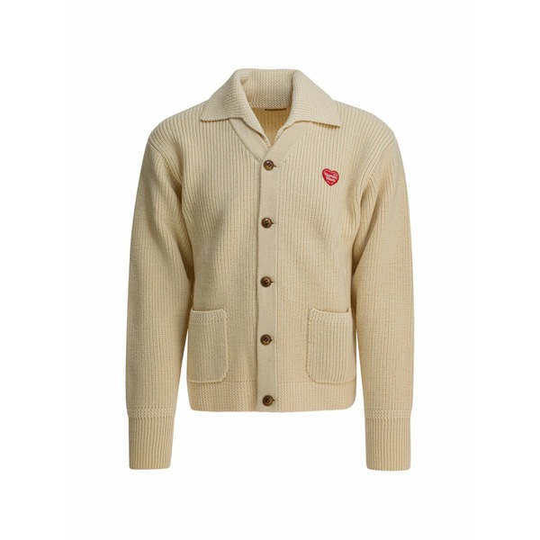 ヒューマンお手伝いさん メンズ ジレー アウター Heart-patch button-up cardigan Neutrals