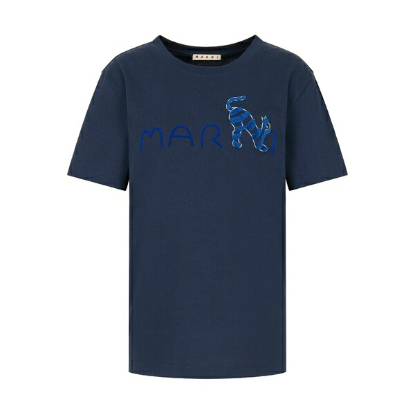 マルニ レディース Tシャツ トップス Flocked logo animal t-shirt Blue｜asty