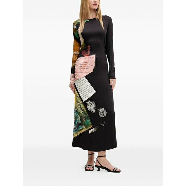 デジグアル レディース 衣装 トップス Patchwork-print ruched MIDI dress Black ワンピーススーツ-レディースファッション