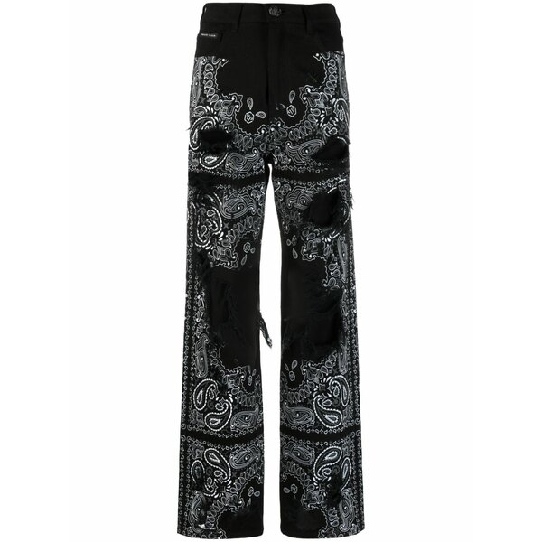 フィリッププレイン レディース デニムパンツ ボトムス Ripped paisley-print jeans Black