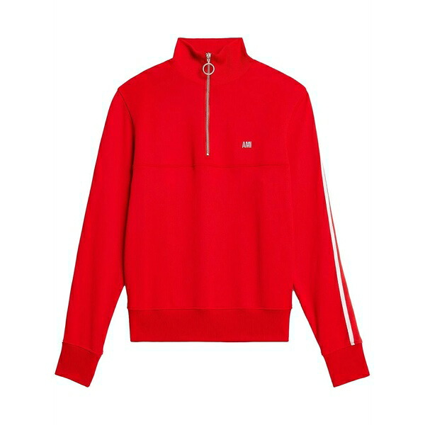 アミ メンズ パーカー・スウェットシャツ アウター Striped short-zip pullover sweatshirt Red