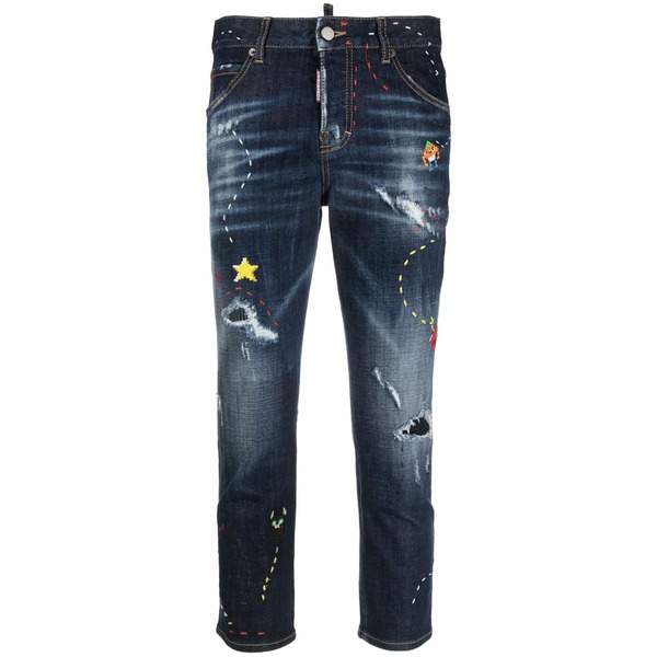 ディースクエアード レディース デニムパンツ ボトムス Embroidered-design cropped jeans Blue