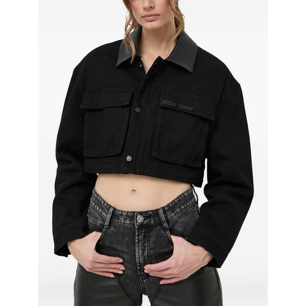 為損ない シックスティ レディース 上衣＆上衣 アウター Cropped trimmed-collar denim jacket Black レディースファッション-コート・ジャケット