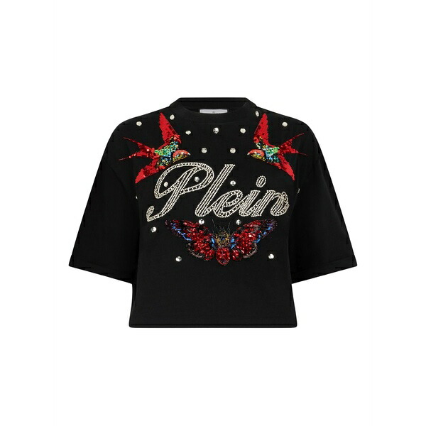 フィリップ飾り気の無い レディース プルオーバー トップス Crew-neck cropped t-shirt Black