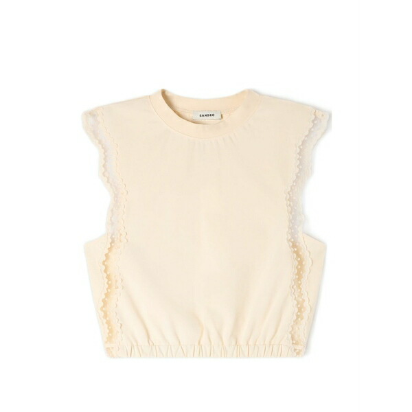 サンドロ レディース Tシャツ トップス Crew neck lace-trim top Neutrals｜asty