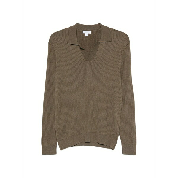 サンスペル メンズ スポーツシャツ トップス Ribbed-knit long-sleeve polo shirt Brown
