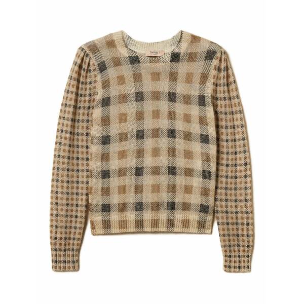 ツイン書き割り レディース 編み物\u0026プルオーバー アウター Puff-sleeve check-print sweater Neutrals