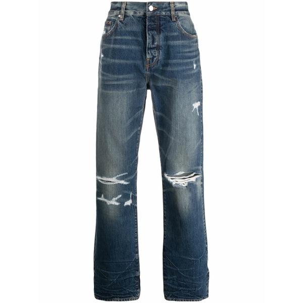 アミリ メンズ デニムパンツ ボトムス Logo-patch ripped-detailing straight-leg jeans Blue|asty