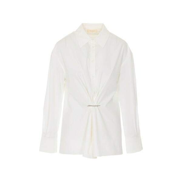 ツイン書き割り レディース ティーシャツ トップス Long-sleeve buttoned shirt White