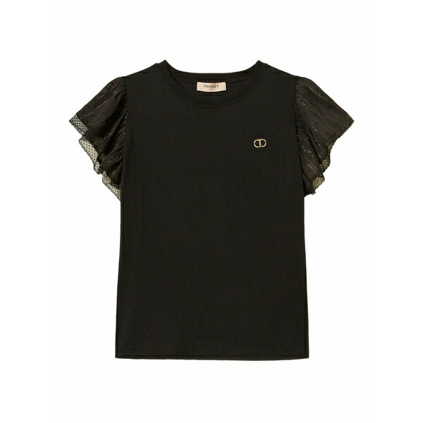 ツイン書き割り レディース ティーシャツ トップス Ruffle-sleeve t-shirt  Black