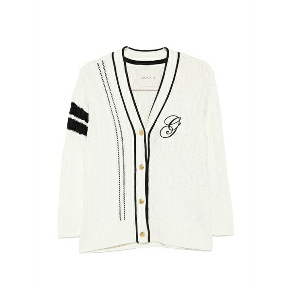 ガント レディース カーディガン アウター Cable-knit embroidered cardigan White｜asty