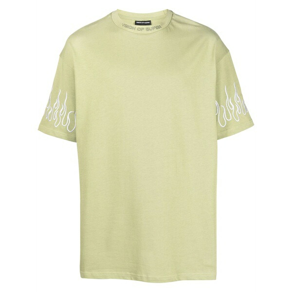 ヴィジョン・オブ・スーパー メンズ Tシャツ トップス Flame-embroidered cotton t-shirt Green｜asty