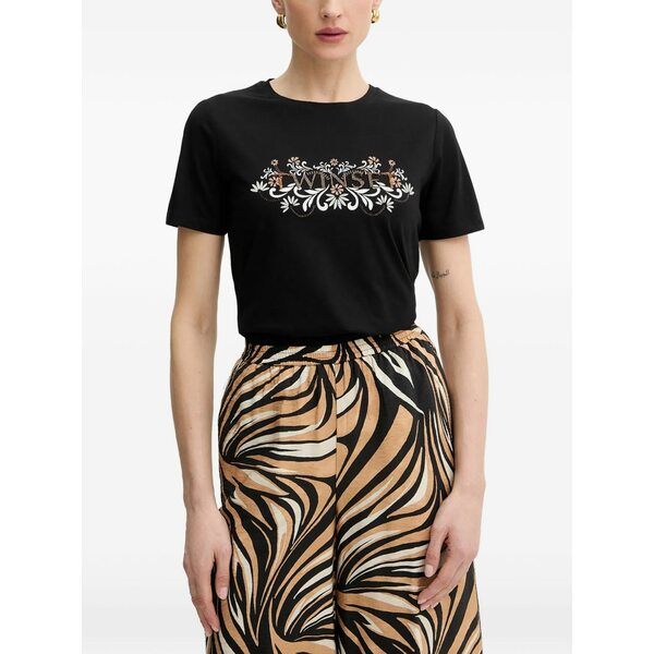 ツイン書き割り レディース ティーシャツ トップス Floral-motif t-shirt Black