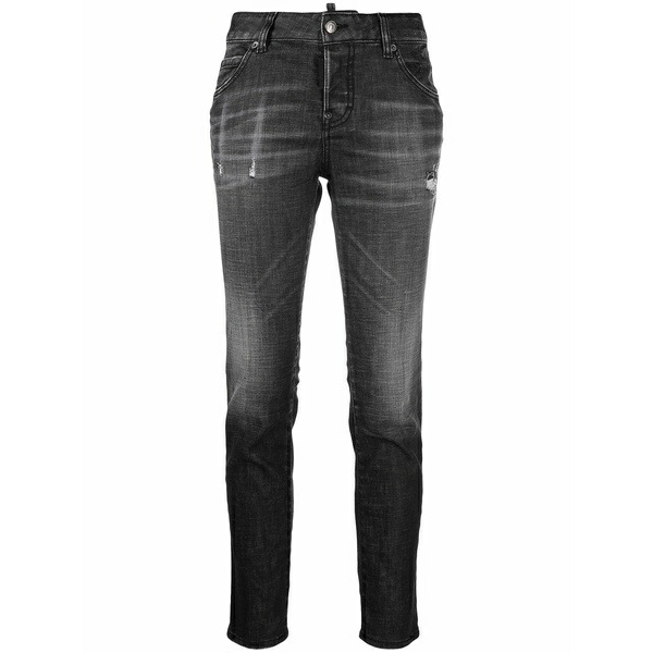 ディースクエアード レディース ジーンズズボン下 ボトムス Distressed-effect logo-patch denim jeans Black