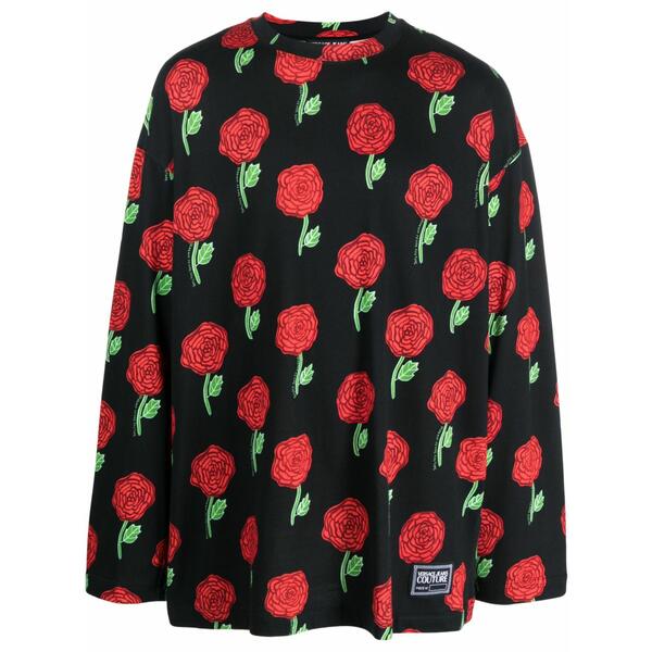 ベルサーチ メンズ Tシャツ トップス Interlock rose-print oversized t-shirt Black｜asty