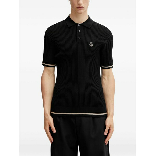 フィリングピース メンズ ポロシャツ トップス Ribbed-knit logo-embroidered polo shirt Black｜asty