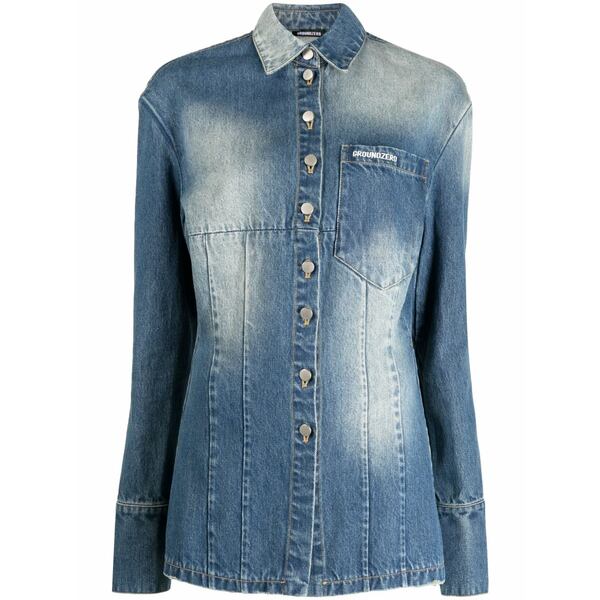 グラウンド ゼロ レディース シャツ トップス Long-sleeve denim shirt Blue|asty