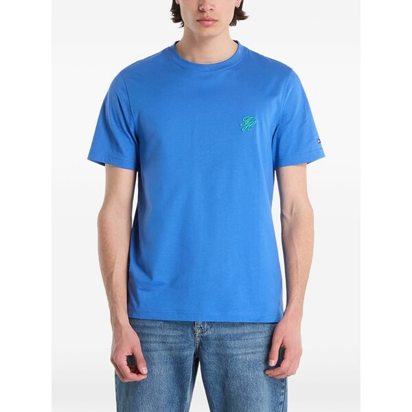 トミー ヒルフィガー メンズ Tシャツ トップス Script monogram swimshop logo-embroidered cotton t-shirt Blue|asty