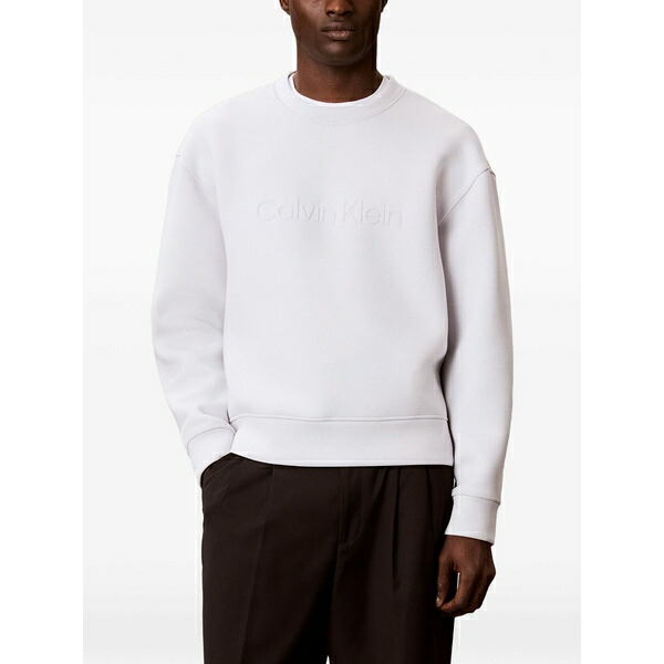 カルバンクライン メンズ パーカー・スウェットシャツ アウター Logo-embossed dropped-shoulder sweatshirt White|asty