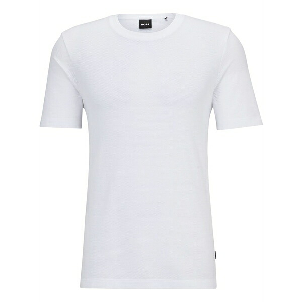 ボス メンズ Tシャツ トップス Logo-tag bubble-jacquard cotton t-shirt White｜asty