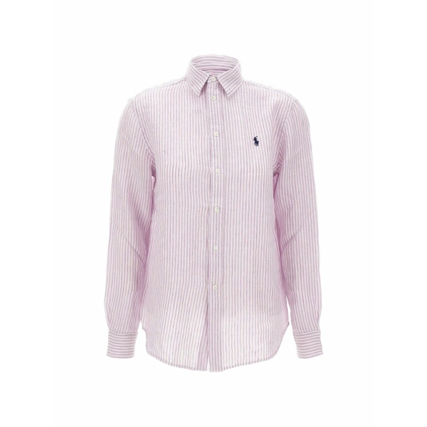 ラルフローレン レディース シャツ トップス Striped linen long-sleeve shirt Pink｜asty